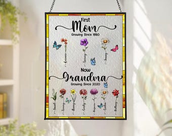 Personalized First Mom Now Grandma Stained Glass Suncatcher, Custom Birth Flower Grandma With Kids Names, Mother's Day Gift For Mom