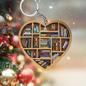 Personalized Bookworm Bookshelf Heart Flat Keychain, Custom Book Titles Keychain, Book Reading Lover, Christmas Gift For Librarian