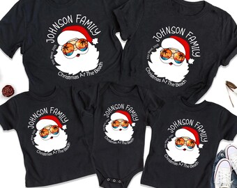 Camisetas navideñas de playa personalizadas, divertidas camisetas navideñas tropicales de Papá Noel, camisetas navideñas familiares de playa, camisetas navideñas, camisetas para viajes familiares de vacaciones