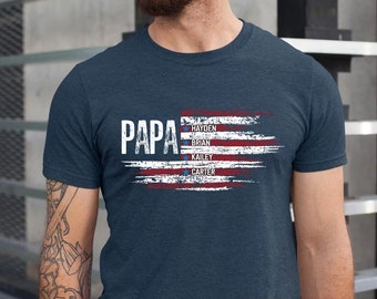 Personalized Papa Shirt, Custom Name Grandpa With Grandchild Names, Fathers Day Shirt for Grandpa Dad, US Flag Papa Shirt, Father's Day Gift