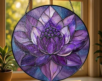 May include: Round stained glass window art featuring a purple lotus flower design. The flower has multiple layers of petals in varying shades of purple, with a dark purple center. The background is a mix of blue and purple with white speckles. The window is framed in black and hangs from a chain.