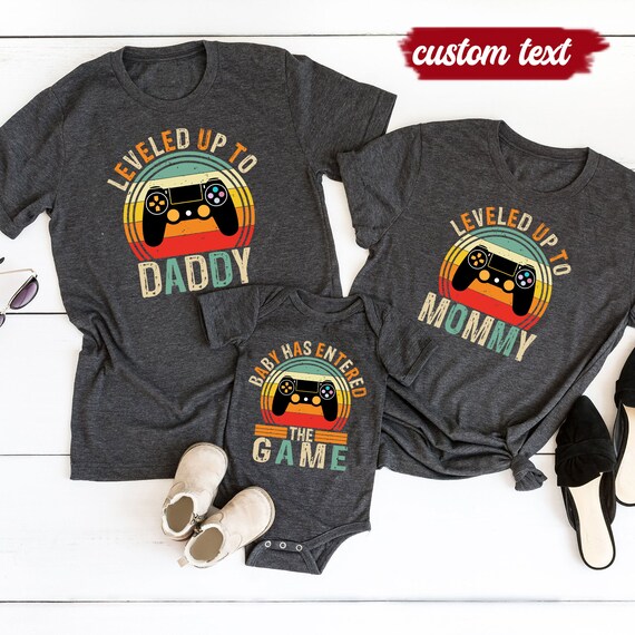 Personalized Leveled Up to Daddy Mommy Shirt, Baby Has Entered the Game Shirt, Vintage Gamer Dad Gift, Dad and Baby Matching Shirt