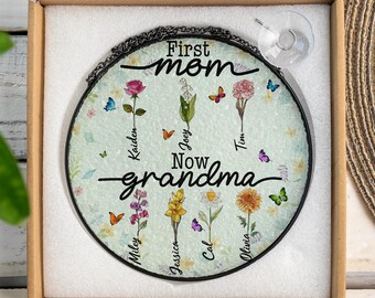 Personalized First Mom Now Grandma's Garden Birth Month Flowers Stain Glass Suncatcher, Custom Birth Flowers, Grandma Gift Mother's Day Gift