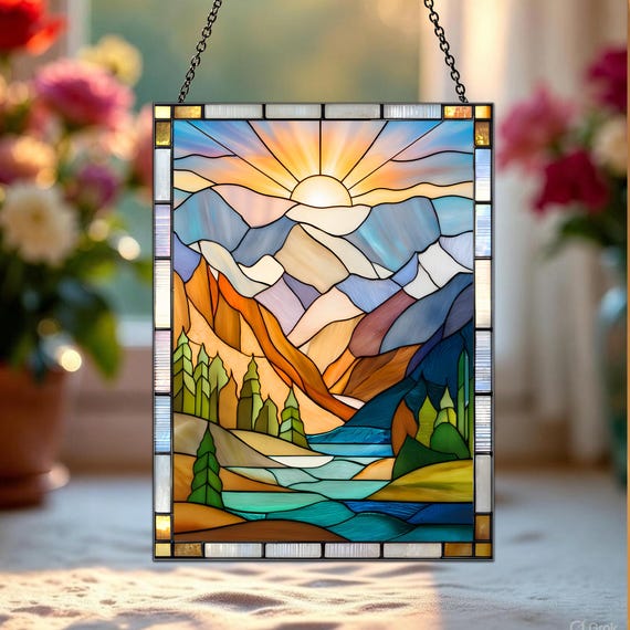 Mountain Range Window Hangings Decor, Sun Mountain Range Stained Glass Suncatcher, Mountain Scene Glass Mountain Lover Gift Nature Glass Art