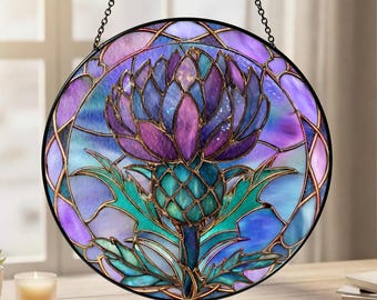 Celtic Thistle Suncatcher, Scottish Decor, Scottish Floral Window Hanging, Symbolic Nature Gift, Purple Stained Glass Decor For Her
