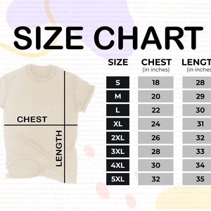 Op de afbeelding: Maattabel voor een T-shirt met metingen in inches voor borst en lengte. De maten vari&euml;ren van S tot 5XL.