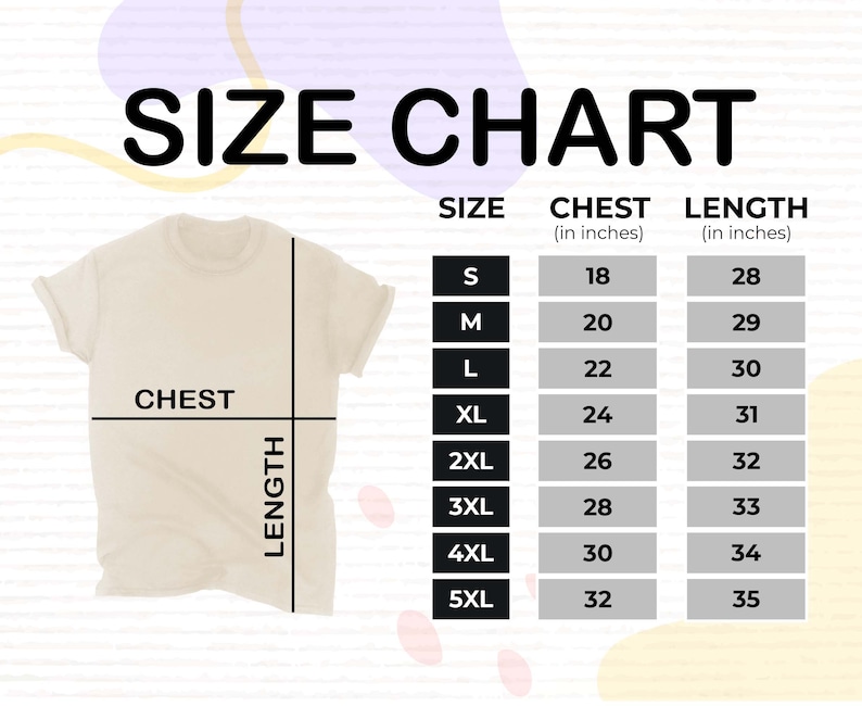 Op de afbeelding: Maattabel voor een T-shirt met metingen in inches voor borst en lengte. De maten vari&euml;ren van S tot 5XL.