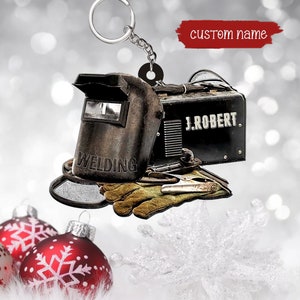 Personalized Welder Mask Flat Keychain, Custom Welder Helmet And Gloves Keychain, Welder Gift, Gift For Him, Welder Christmas Gift