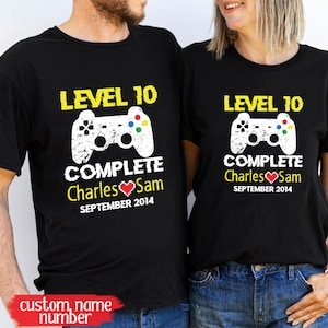 Personalization 10th Wedding Anniversary Shirt, Level 10 Complete, Gift for Husband Wife, Retro Video Game Shirt, Funny 10 Year Anniversary