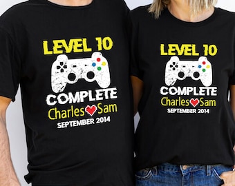 Personalization 10th Wedding Anniversary Shirt, Level 10 Complete, Gift for Husband Wife, Retro Video Game Shirt, Funny 10 Year Anniversary