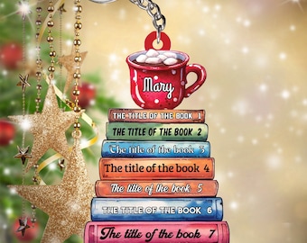 Personalized Christmas Coffee Stack Of Books Flat Keychain, Custom Book Titles Keychain, Book Reading Lover, Christmas Gift For Librarian