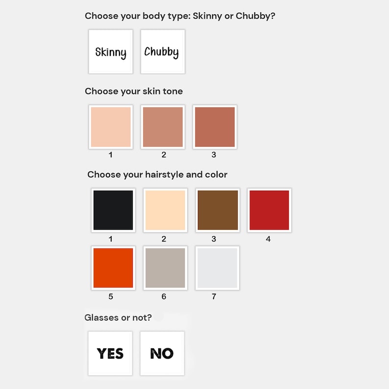May include: A questionnaire with multiple choice questions about body type, skin tone, hairstyle, and color. The options include skinny or chubby, three skin tones, seven hairstyles, and yes or no for glasses.