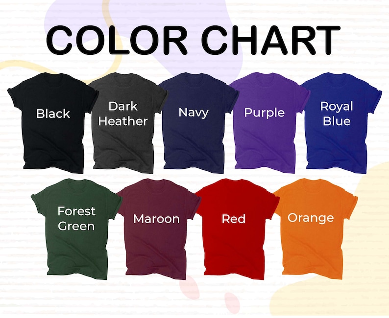 Puede incluir: Carta de colores que muestra diferentes colores de camisetas: negro, gris oscuro jaspeado, azul marino, morado, azul real, verde bosque, granate, rojo y naranja.