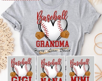Personalized Baseball Grandma T-Shirt, Custom Baseball Grandma with Kid&#39;s Name Shirt, Baseball Mimi Nana Tee, Gifts for Mother&#39;s Day