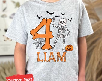 Camiseta personalizada de cumpleaños de esqueleto de Halloween, camiseta personalizada de cumpleaños infantil con nombre, camiseta de cumpleaños de esqueleto para niño o niña, cumpleaños de huesos