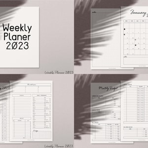 Könnte beinhalten: Ein Satz druckbarer Planerseiten für 2023. Die Seiten beinhalten einen Wochenplaner, einen monatlichen Budgetierungstracker und einen Monatskalender. Die Seiten sind schwarzweiß und haben ein minimalistisches Design.