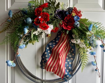 Americana wreath, Fourth of July wreath,  Lariat wreath, patriotic Lasso wreath, Memorial Day Lariat wreath