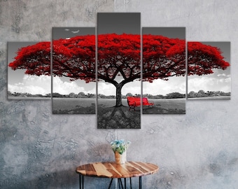 Red Leaves Tree on Field Canvas 5 Piece Five Panel Wall Print Modern Art Poster Picture Home Decor Gift For Him For Her