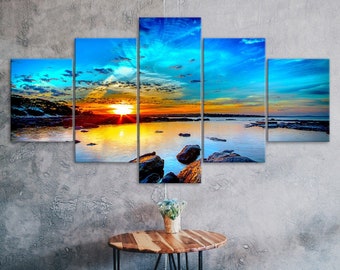 Blue Sky Sunrise Sea Aglow Canvas 5 Piece Five Panel Wall Print Modern Art Poster Picture Home Decor Gift For Him For Her