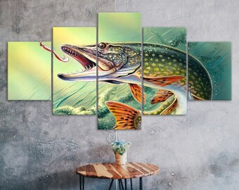 Pike Fish Painting 5 Piece Five Panel Wall Canvas Print Modern Art Poster Picture Home Decor Gift For Him For Her