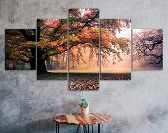 Autumn Forest Tree Majestic Scenery 5 Piece Canvas Wall Art Multi Panel Print Modern Poster Home Decor Picture Gift For Him For Her