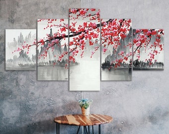 Chinese Sakura Scenery Painting 5 Piece Five Panel Wall Canvas Print Modern Art Poster Picture Home Decor Gift For Him For Her