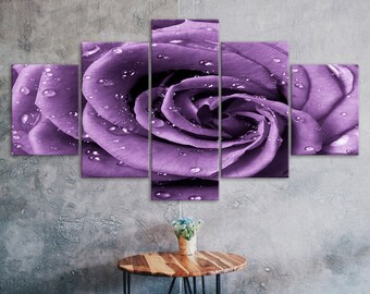 Purple Rose Flower Mist Drops 5 Piece Five Panel Wall Canvas Print Modern Art Poster Picture Home Decor Gift For Him For Her