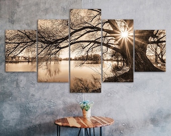 Vintage Tree Sun Rays Lake Scenery 5 Piece Canvas Wall Art Multi Panel Print Modern Nature Poster Home Decor Gift For Him For Her