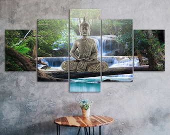 Buddha Wasserfall Szene 5 Stück Fünf Panel Wand Leinwand Druck moderne Kunst Poster Bild Home Dekor Geschenk für Ihn für Sie