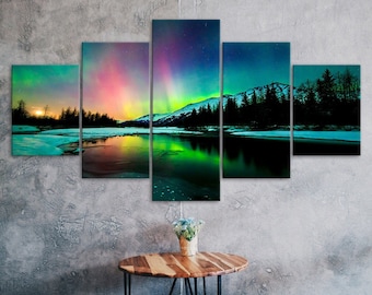 Aurora Borealis Northern Lights Rainbow Canvas 5 Piece Five Panel Wall Print Modern Art Poster Home Decor Gift For Him For Her