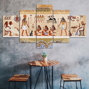Ancient Egyptian Art Life Rituals Scenery 5 Piece Five Panel Wall Canvas Print Modern Art Poster Picture Home Decor Gift For Him For Her