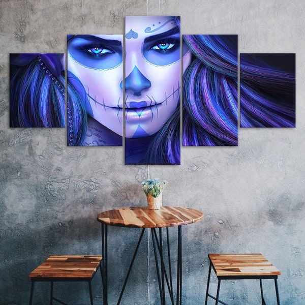 Day Of The Dead Face Blue Tone 5 Piece Five Panel Wall Canvas Print Modern Art Poster Picture Home Decor Gift For Him For Her