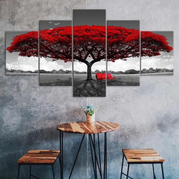 Hojas rojas Árbol en lienzo de campo 5 piezas Cinco paneles Impresión de pared Arte moderno Cartel Imagen Decoración del hogar Regalo para él para ella