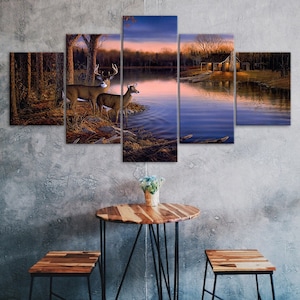 Antelope Deer Forest Lake Purple Sky 5 Piece Five Panel Wall Canvas Print Modern Art Poster Picture Home Decor Gift For Him For Her
