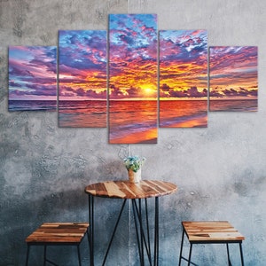 Horizon Ocean Sunset Red Sky Clouds Canvas 5 Piece Five Panel Wall Print Modern Art Poster Picture Home Decor Gift For Him For Her