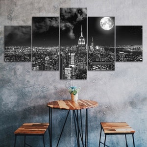 Empire State Building New York Nacht Vollmond 5 Stück fünf Panel Wand Leinwanddruck moderne Kunst Poster Home Decor Geschenk für Ihn für Sie