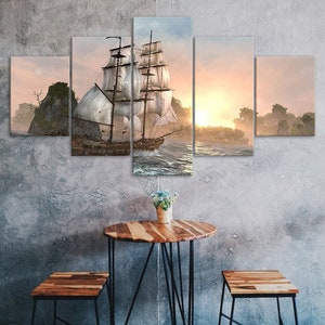 Sailing Ship Sunset Pirate Canvas 5 Piece Five Panel Wall Print Modern Art Poster Picture Home Decor Gift For Him For Her