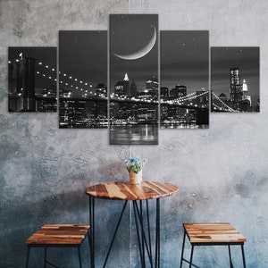 Brooklyn Bridge Sternenhimmel Mond Schwarz Weiß Bild 5 Stück Fünf panel Wand LeinwandDruck moderne Kunst Poster Home Decor Geschenk für Ihn für Sie
