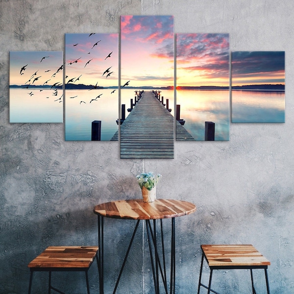Beautiful Lake Landscape Sunset View 5 Piece Canvas Wall Art Multi Panel Print Modern Poster Home Decor Picture Gift For Him For Her