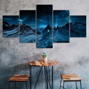 Aurora Borealis Snow Mountains 5 Piece Five Panel Wall Canvas Print Modern Art Poster Picture Home Decor Gift For Him Her