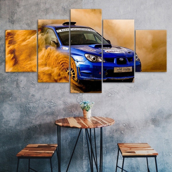 Blue Subaru Impreza Car Racing 5 Piece Canvas Wall Art Multi Panel Print Modern Auto Fan Poster Home Decor Picture Gift For Him For Her