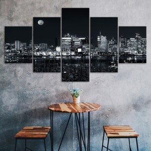 Los Angeles Skyline Dark Night View 5 Piece Five Panel Wall Canvas Print Modern Art Poster Picture Home Decor Gift For Him For Her