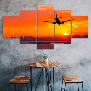 Sunset Airplane 5 Piece Canvas Wall Art Multi Panel Print Modern Aircraft Poster Home Decor Picture Gift For Him For Her