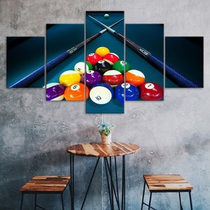 Billiards Balls Cue Stick 5 Piece Five Panel Wall Canvas Print Modern Art Poster Picture Home Decor Gift For Him For Her