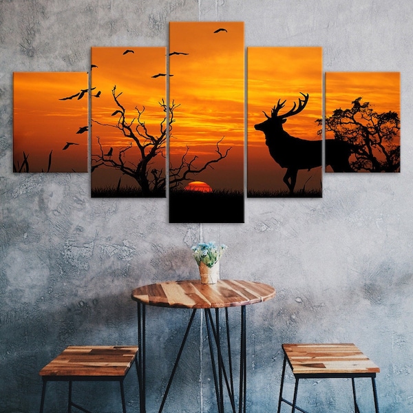 Deer Sunset Silhouette 5 Piece Five Panel Wall Canvas Print Modern Art Poster Picture Home Decor Gift For Him For Her