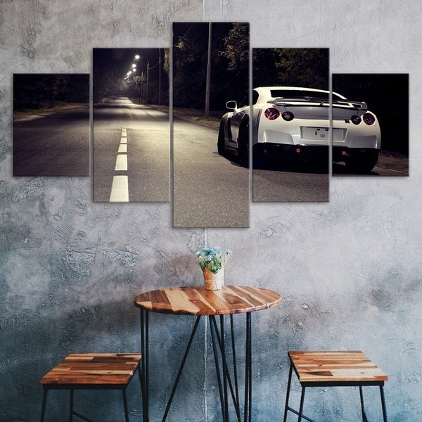 White Nissan Skyline Car Street Landscape Canvas 5 Piece Five Panel Print Modern Wall Art Poster Picture Home Decor Gift For Him For Her