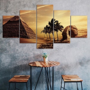 Pyramid Egypt Androsphinx Sunset Canvas 5 Piece Five Panel Wall Print Modern Art Poster Picture Home Decor Gift For Him For Her