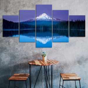 Blue Lake Mountain Reflection Beautiful Landscape 5 Piece Canvas Wall Art Multi Panel Print Modern Poster Home Decor Gift For Him For Her
