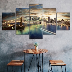 Brooklyn Bridge Manhattan New York Scenery 5 Piece Five Panel Wall Canvas Print Modern Art Poster Home Decor Gift For Him For Her