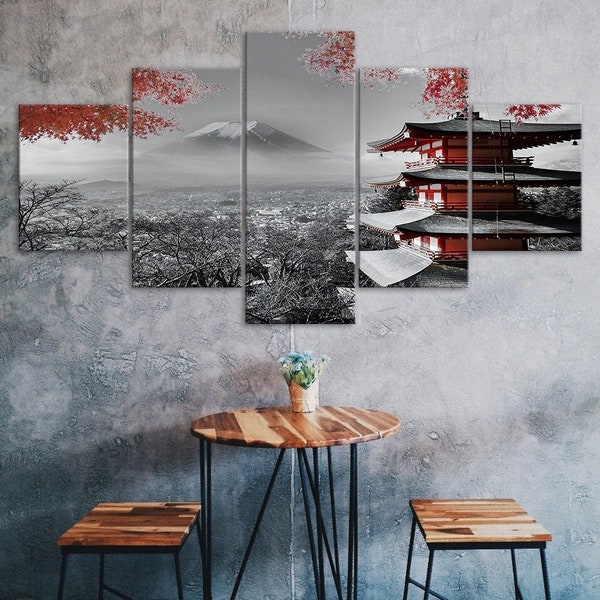 Japanese Temple Mount Fuji 5 Piece Canvas Wall Art Multi Panel Print Modern Art Poster Home Decor Picture Gift For Him For Her